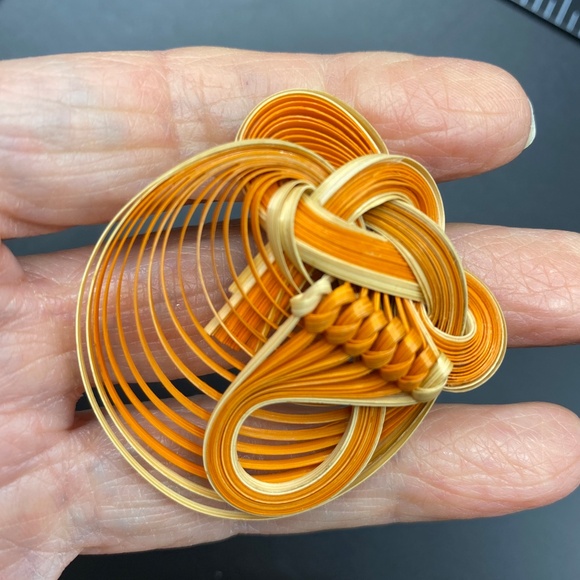 Bamboo Jewelry Orange Brooch Hand Crafted Natural Taiwanese Folk Art - Picture 5 of 6